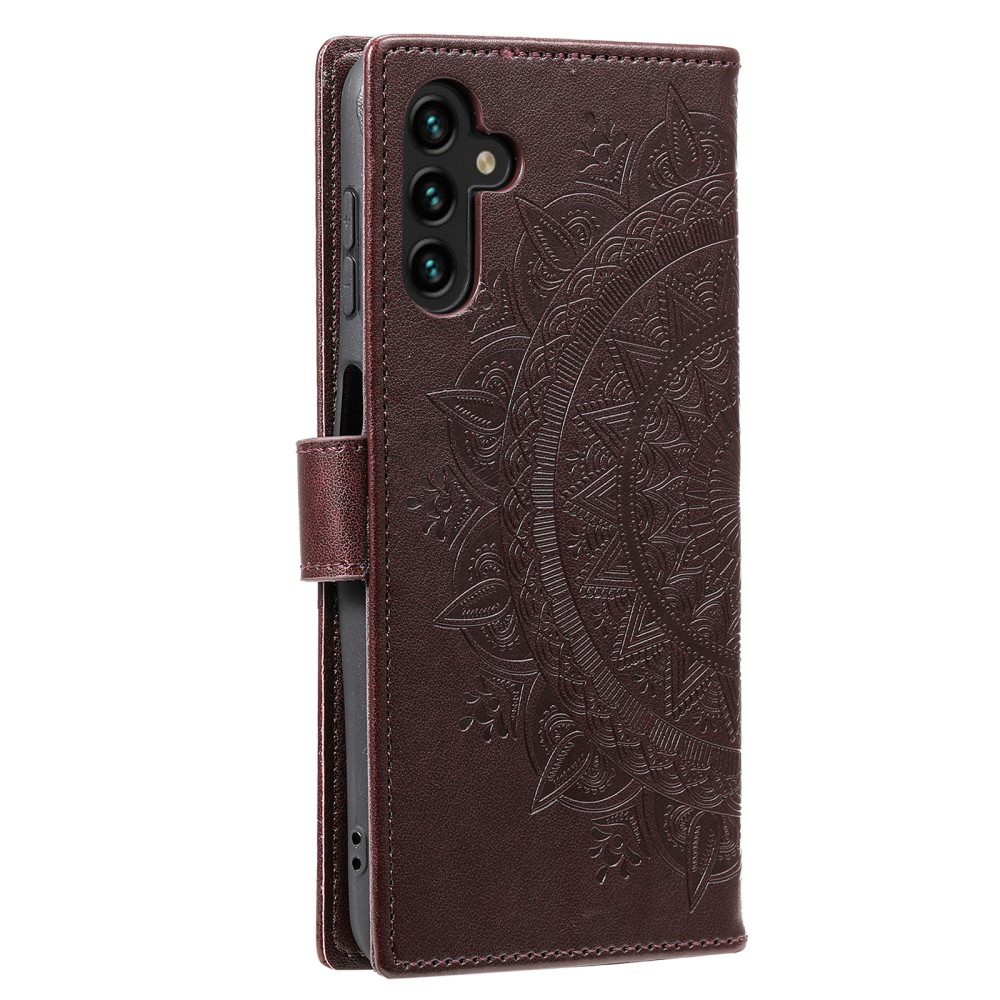 Samsung Galaxy A55 Leder Tasche Wallet - Mandala Flowers Imprint - Braun