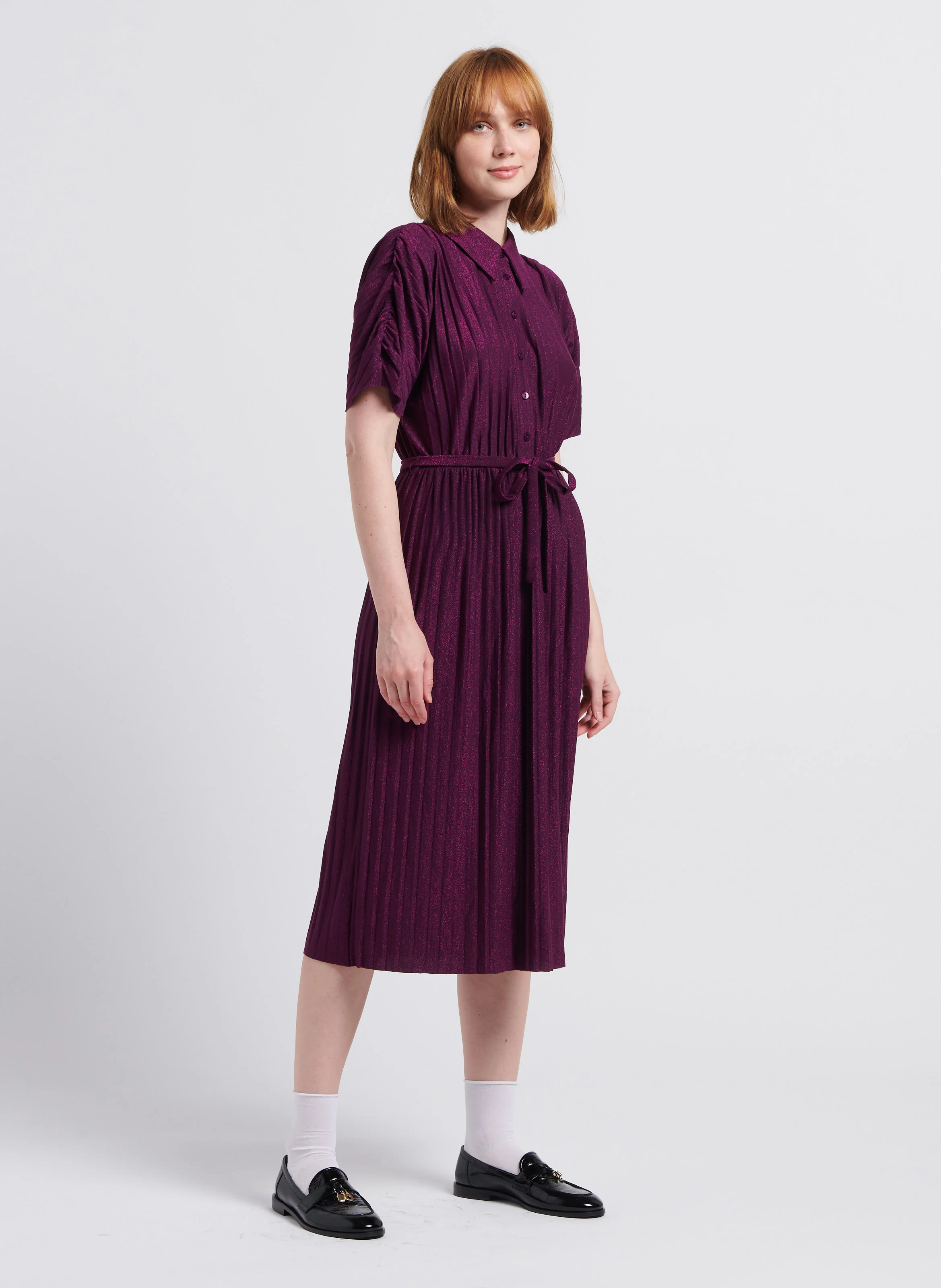 LUXI PLISSÉ - Robe midi col classique plissé à paillette| Violet