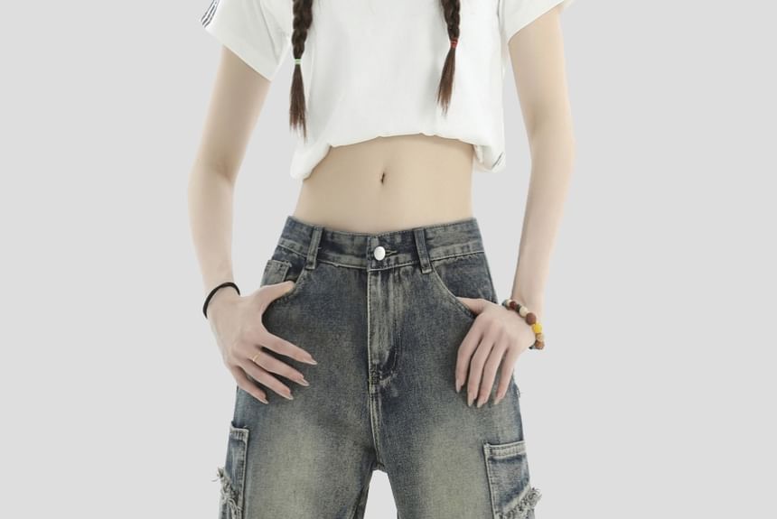 Banash - Low Rise Washed Frayed Wide Leg Jeans