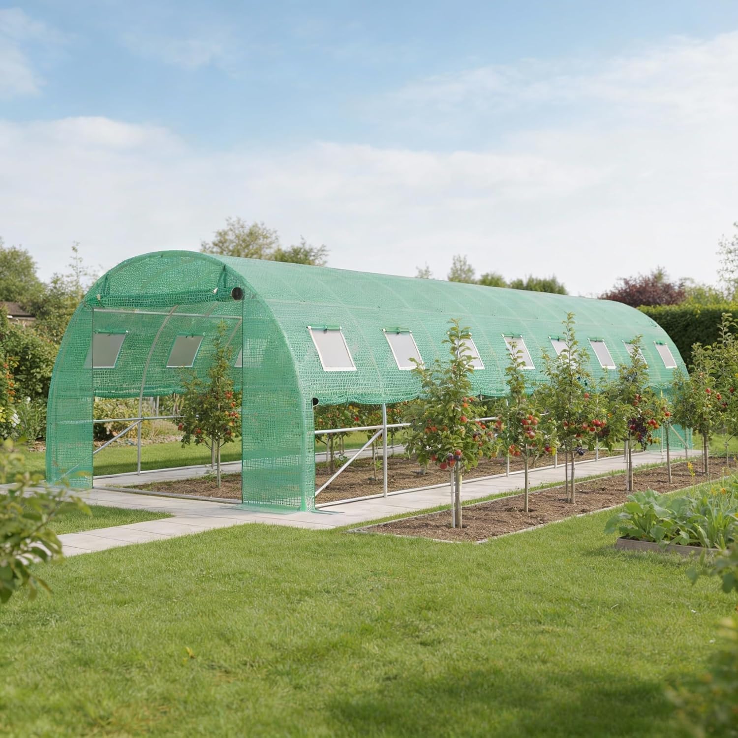 Gewächshaus 3x8 m (24 m²) – Garten Foliengewächshaus mit 16 Fenstern, UV-beständig, verzinkter Stahlrahmen, Moskitonetz, ideal für Gemüse, Tomaten, Blumen, Tomatenhaus, grün