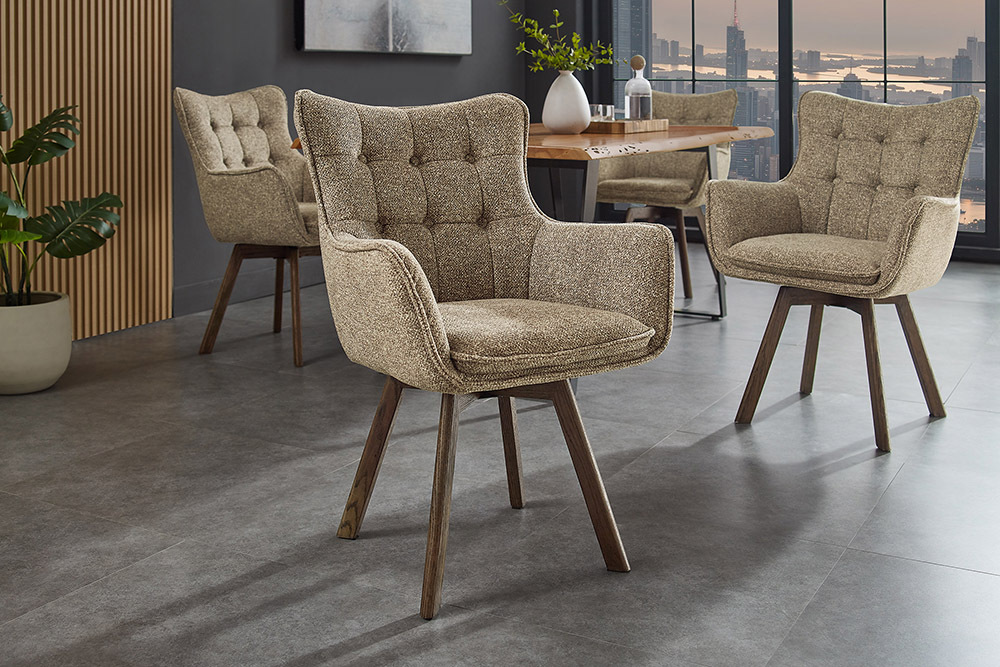 Drehbarer Stuhl THOR taupe Strukturstoff braun Wenge Eichenholz 360° mit Armlehne