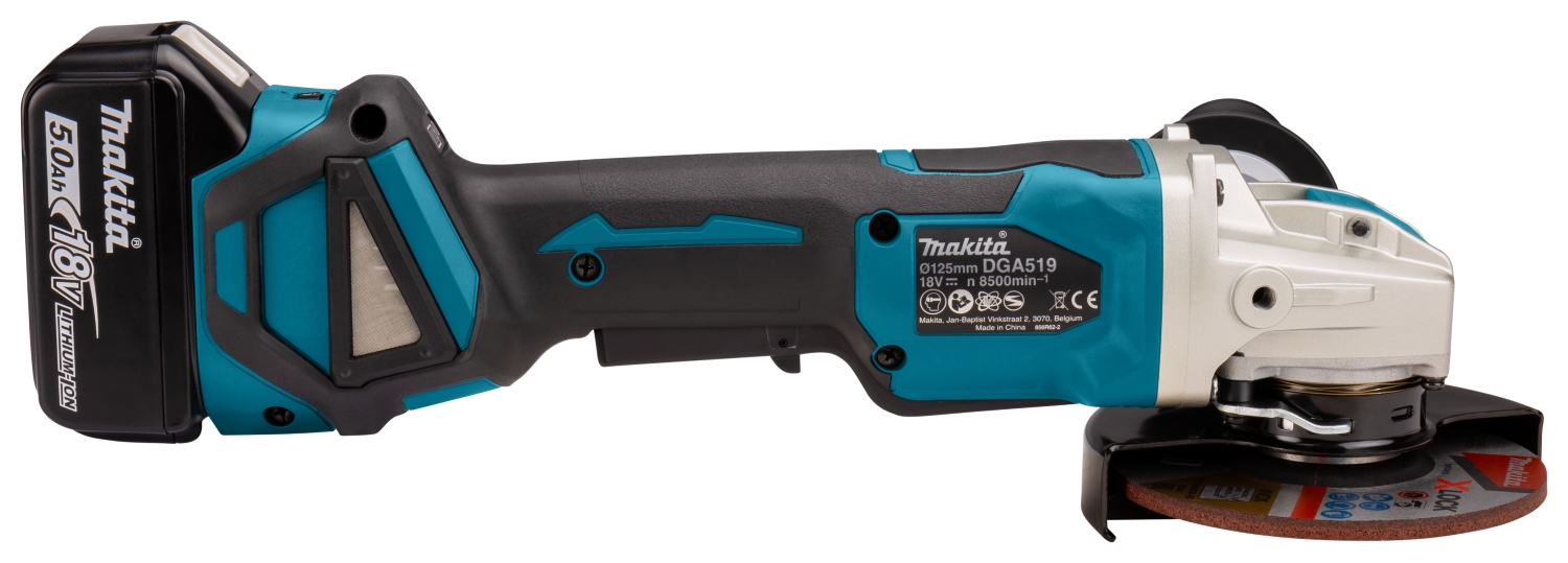 Makita DGA519RTJ 18V Li-Ion Accu haakse slijper set (2x 5.0Ah accu) in Mbox - X-Lock - 125mm - koolborstelloos