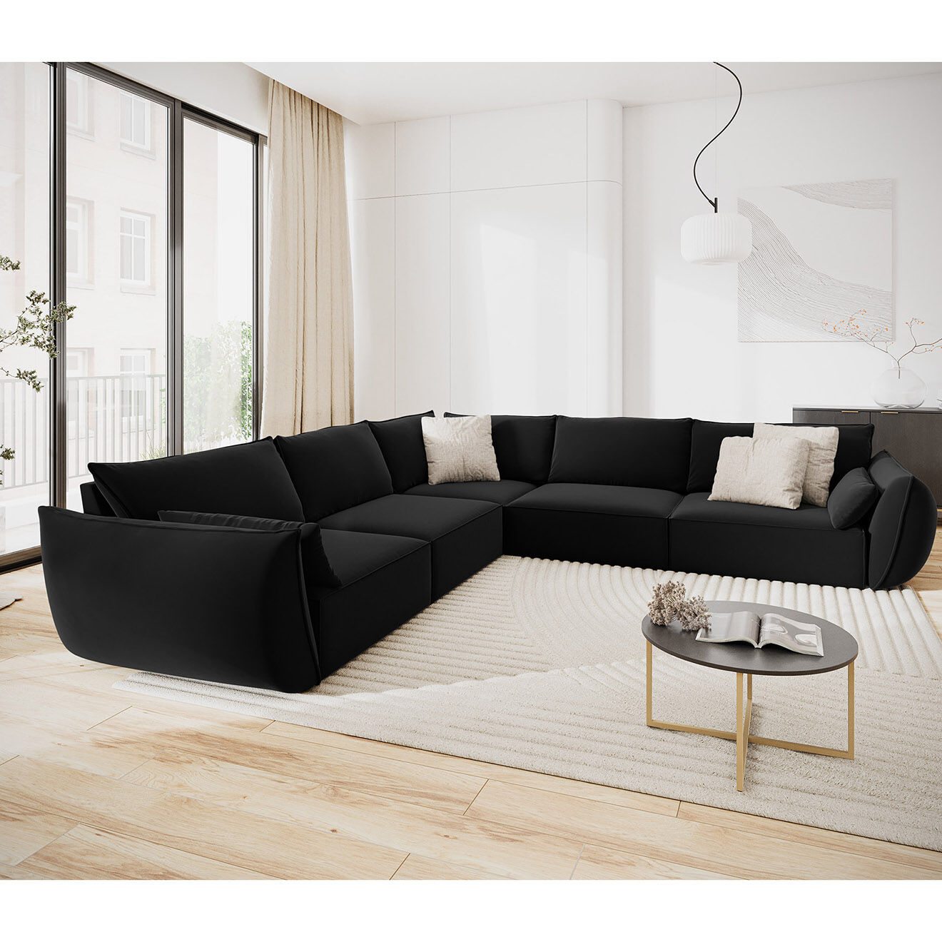 Mazzini Sofas Canapé d'angle Symétrique en Velours Vanda 7 Places noir - 286x286x85 cm