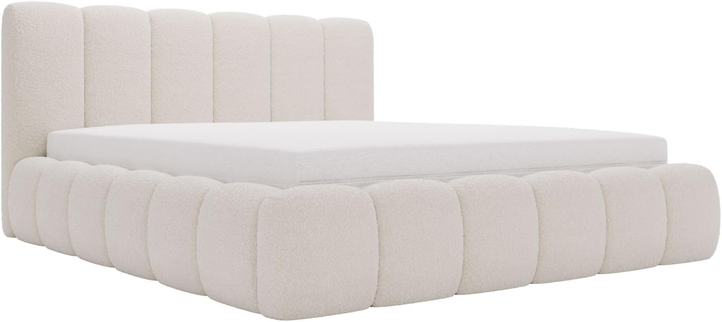GRAINGOLD Cloud Bett 160x200, Polsterbett mit Bettkasten, Polsterbett mit Stauraum, Bouclé-Stoff, mit Lattenrost, mit Kopfteil, ohne Matratze (Beige, 160x200)