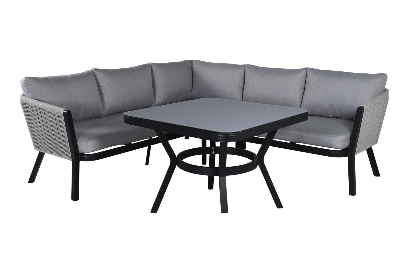Virya utesofa Hagesofa med sortlakkert ramme, lysgrå tau og pute. Bord er inkludert.
