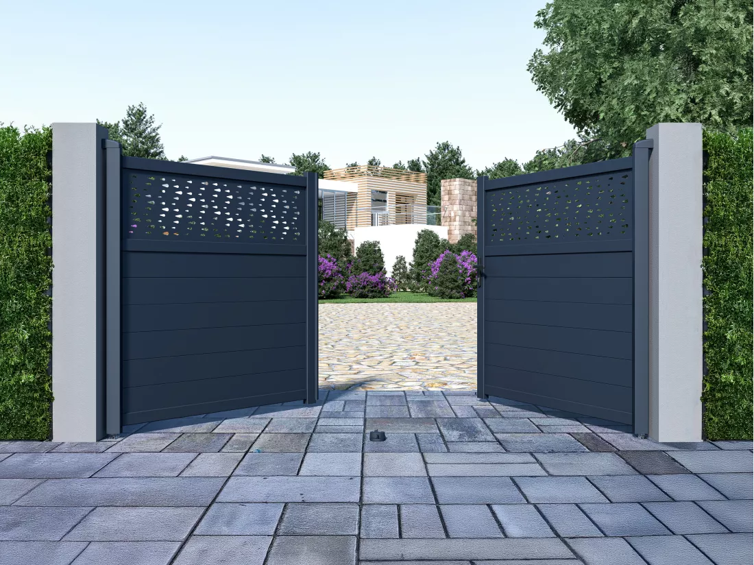 Portail électrique battant aluminium semi plein à motifs L305 x H166 cm anthracite - BAZIO