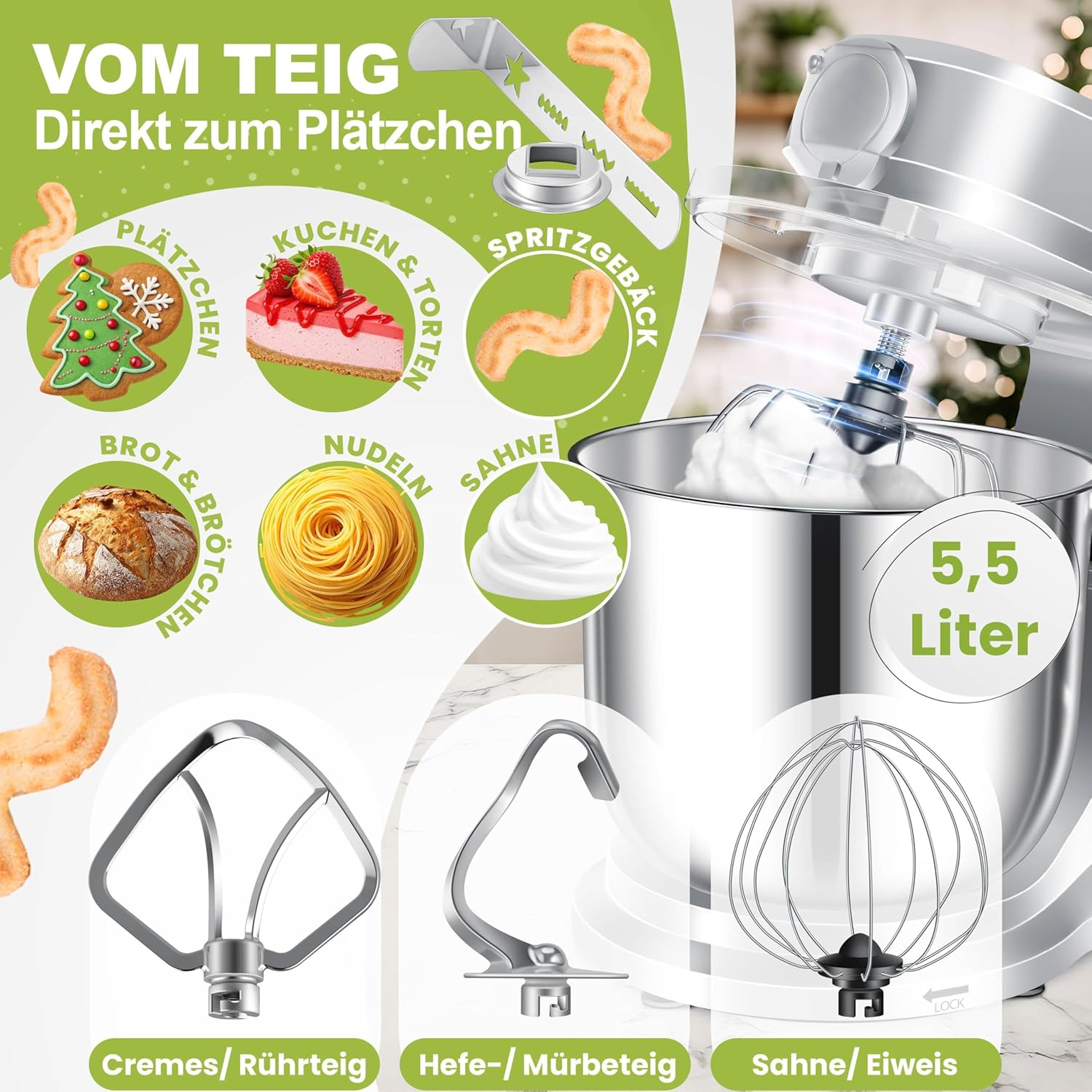 KESSER® 3 in 1 Universal Küchenmaschine K-KM 3000 mit Fleischwolf Knetmaschine Multifunktionale Rührmaschine 5,5L Schüssel mit 3 Rührwerkzeuge, 1,5L Entsafter, Zubehör-Set, Pasta & Gebäckformen