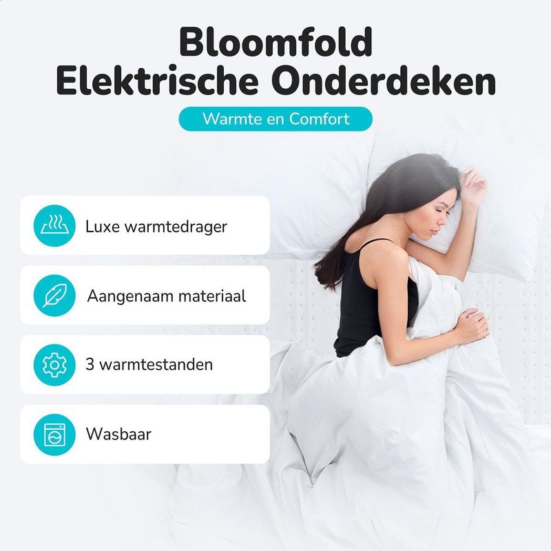 Bloomfold Elektrische Onderdeken - 160 x 140 cm - Wasmachinebestendig - 2 Persoons - 3 Standen - Warmtedeken - Wit/polyester