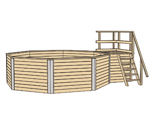 Opbouw houten zwembadset Weka 593 B rond Ø 397x116 cm incl. zandfiltersysteem, ingebouwde skimmer, filterzand, bodembeschermvlies & technische ruimte incl. houten trap met leuning
