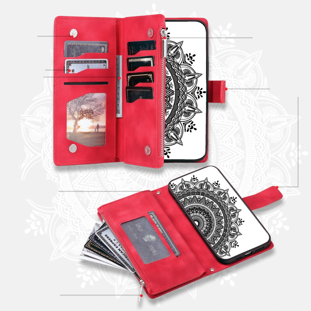 Samsung Galaxy A55 Leder Tasche Flip Cover mit Reissverschluss - Mandala Flowers Imprint - Rot