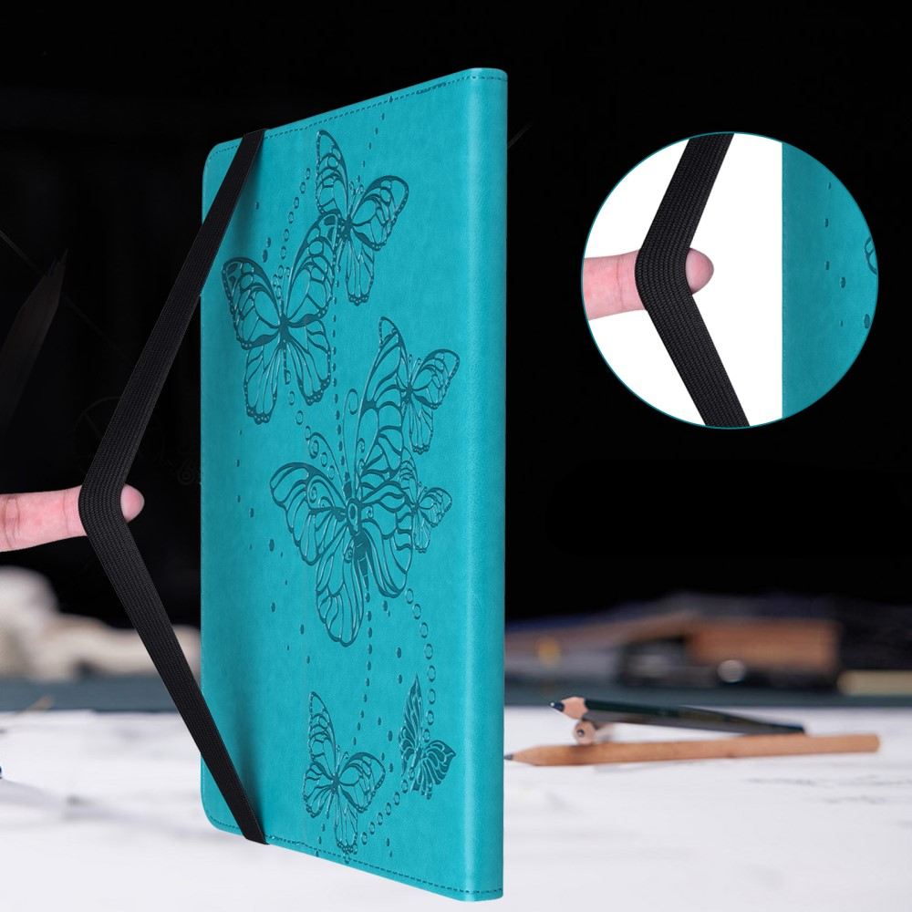 Samsung Galaxy Tab A11 / A9 Leder Tasche Flip Cover Butterflies Imprint   S-Pen Halterung - Blaugrün