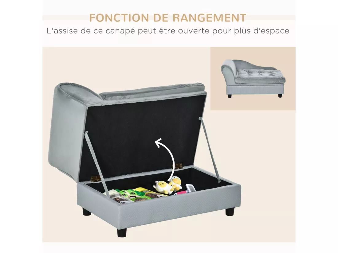 Canapé Chien Chat sur Pied avec Coffre de Rangement Style Moderne Coussin d'assise Amovible Grand Confort 76 x 45 x 41,5 cm Bleu