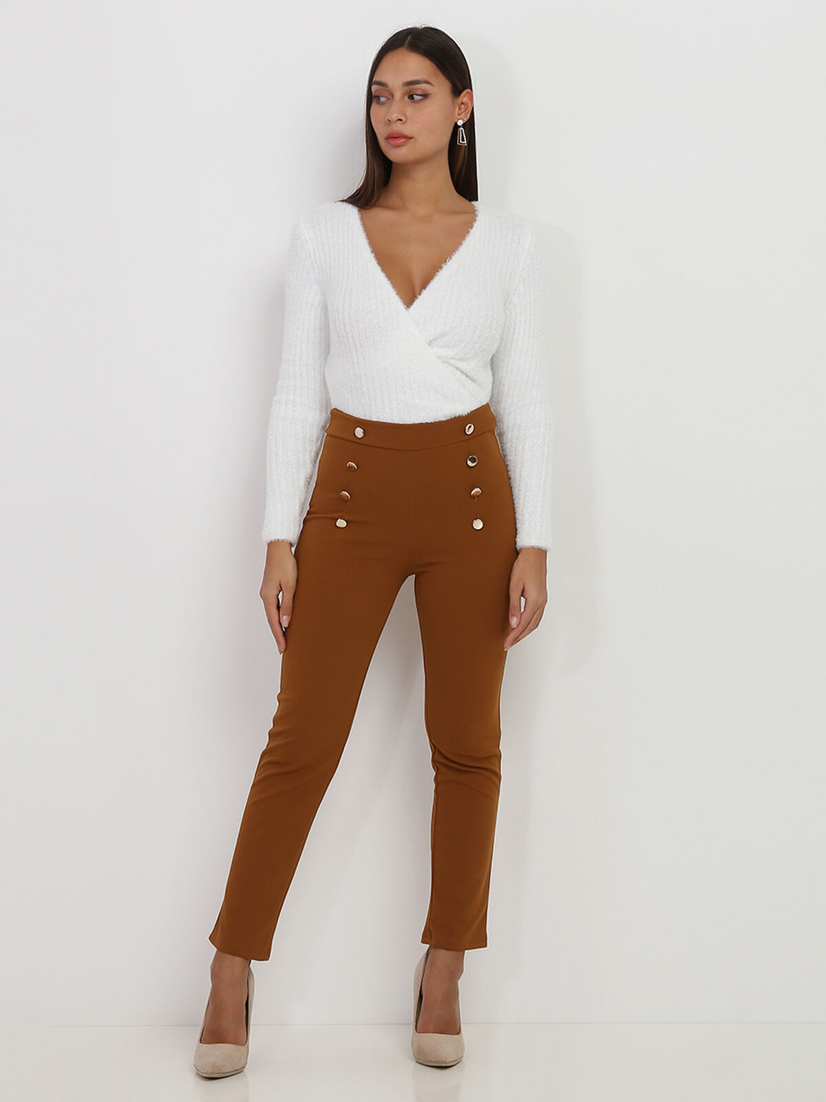 Pantalon taille haute à boutons- Camel