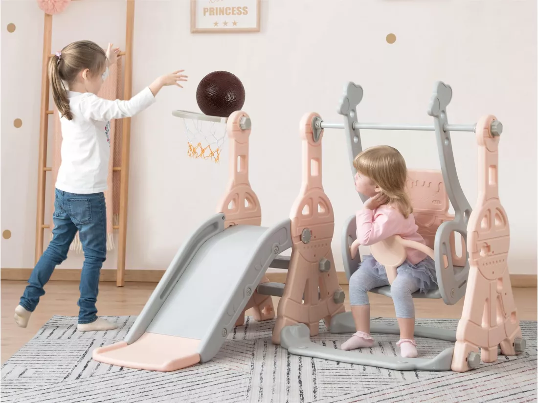 Toboggan 4 en 1 - avec escalier, balançoire, panier de basket - rose