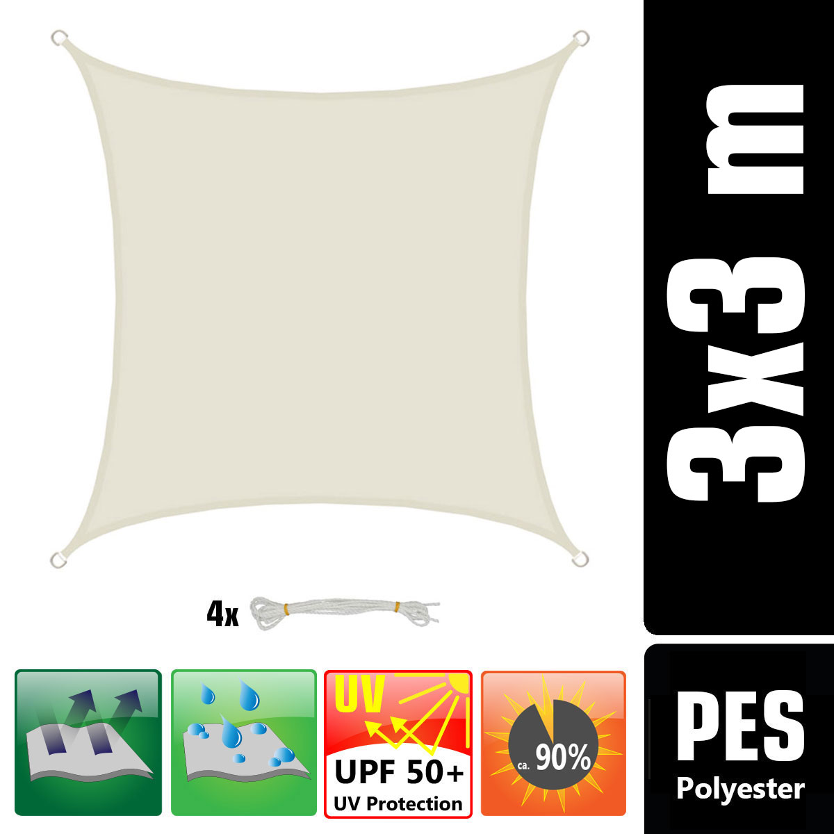 AMANKA 3x3 waterdicht beige schaduwdoek met bevestigingsset