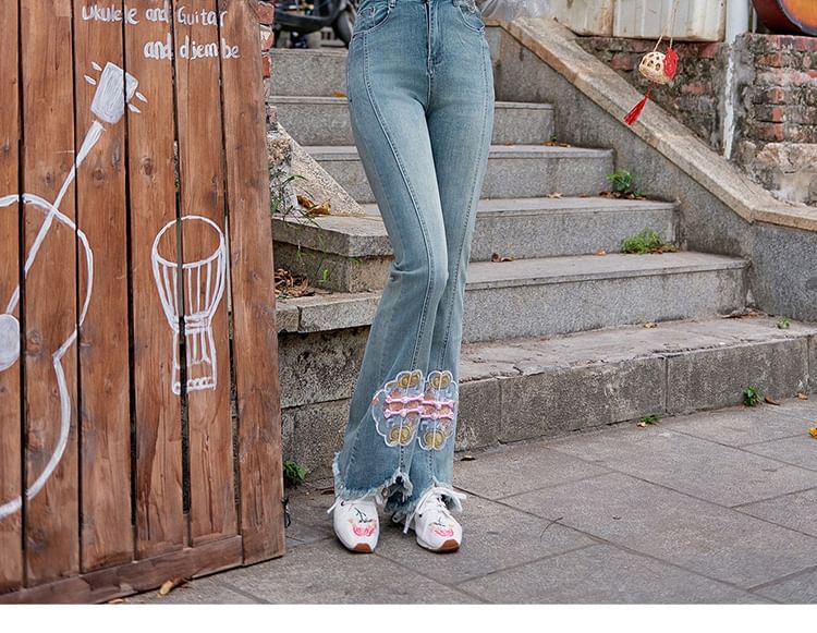 Catamin - High Rise geborduurde gewassen gerafelde kikkerknoopjes flared jeans