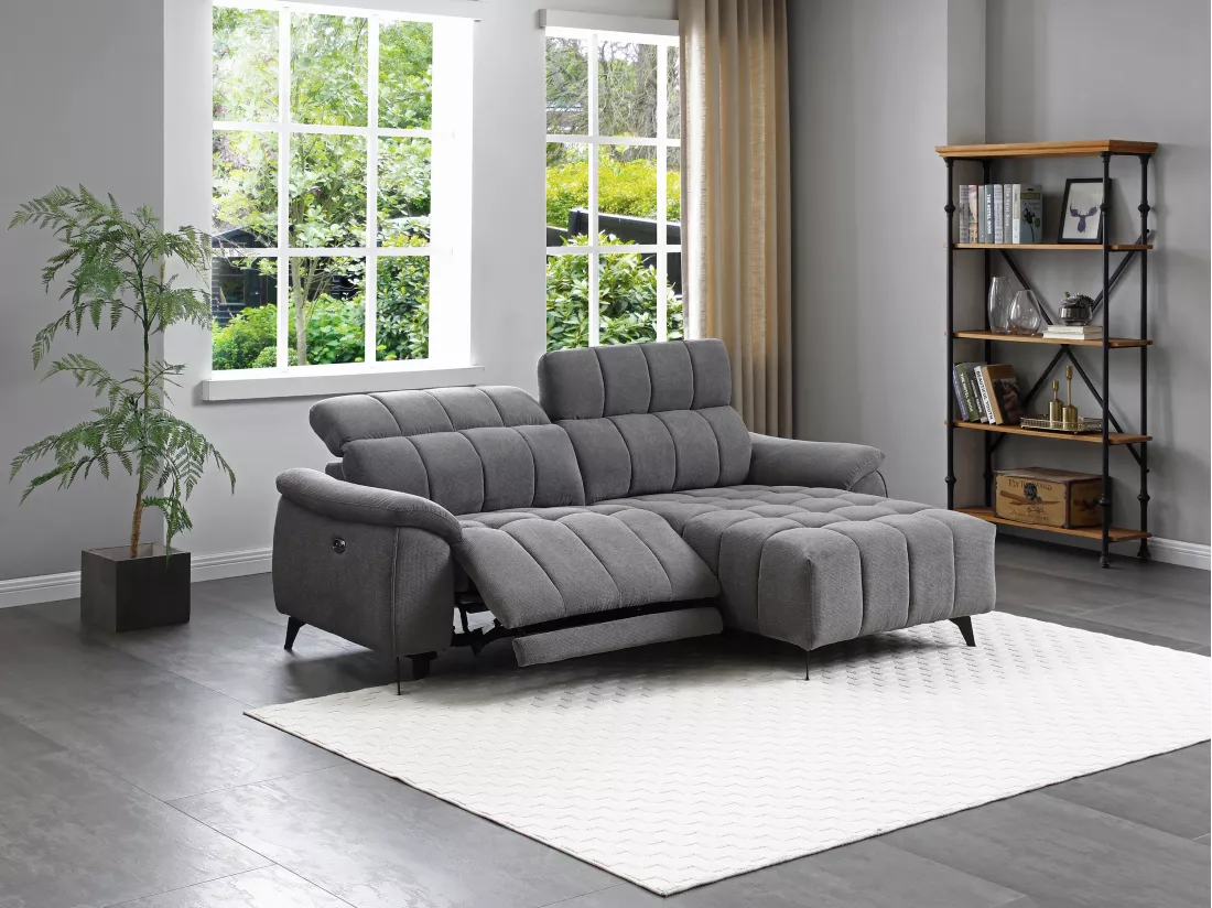Canapé d'angle droit relax électrique en tissu texturé gris CELTIMO
