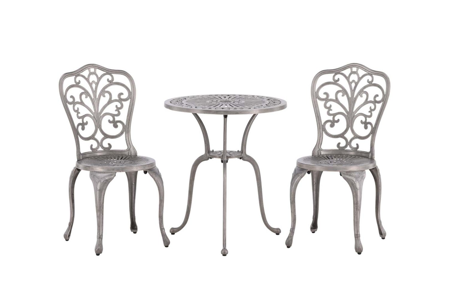 Nandin tuinset: tafel, 2 stoelen, zilverkleurig. 60 x 60 x 73 cm