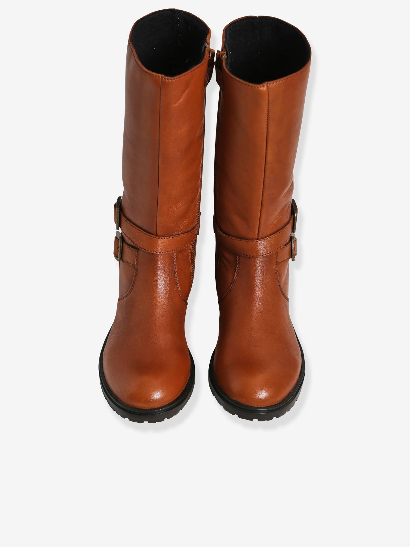 Botas de cano alto em couro cor camelo para meninas