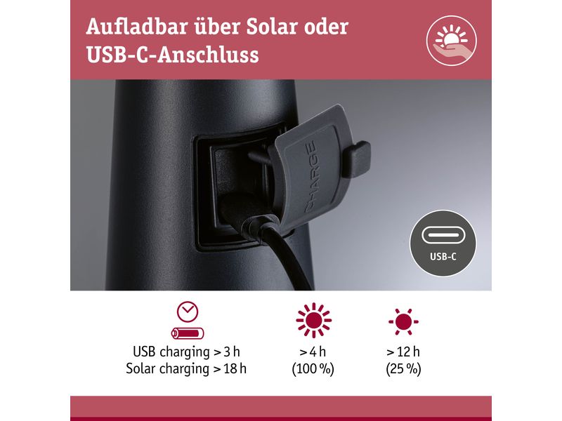 Paulmann Akku-Tischleuchte Solar LED Soala Wiederaufladbare Tischleuchte mit integriertem Solarpanel