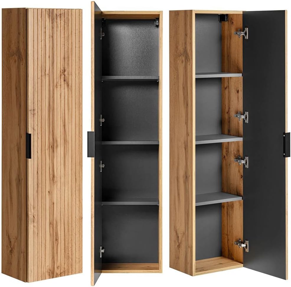 Lomadox Badezimmermöbel Badmöbel Komplett Set, Wotaneiche Rillenoptik, 120cm Waschtisch mit Unterschrank, Keramik Waschbecken, LED-Spiegel, 2 Hochschränke, B/H/T 170/200/46 cm