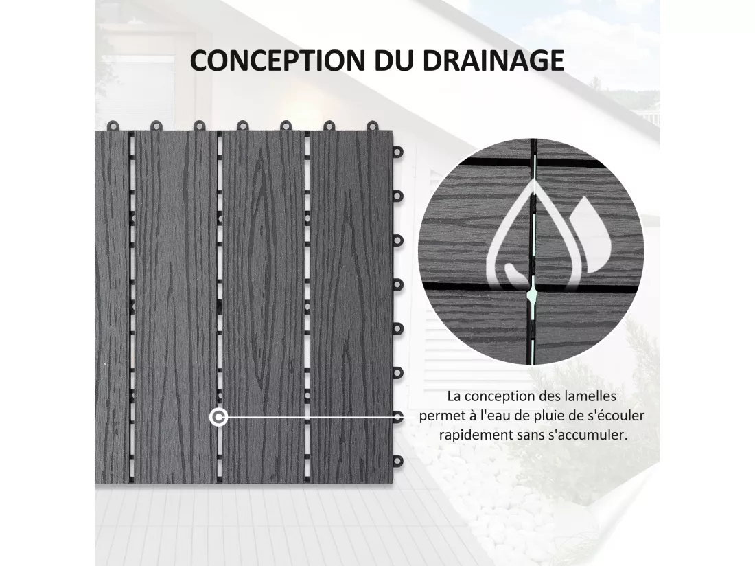 Caillebotis - dalles terrasse - lot de 11 - clipsables, installation très simple - lamelles composite aspect bois gris