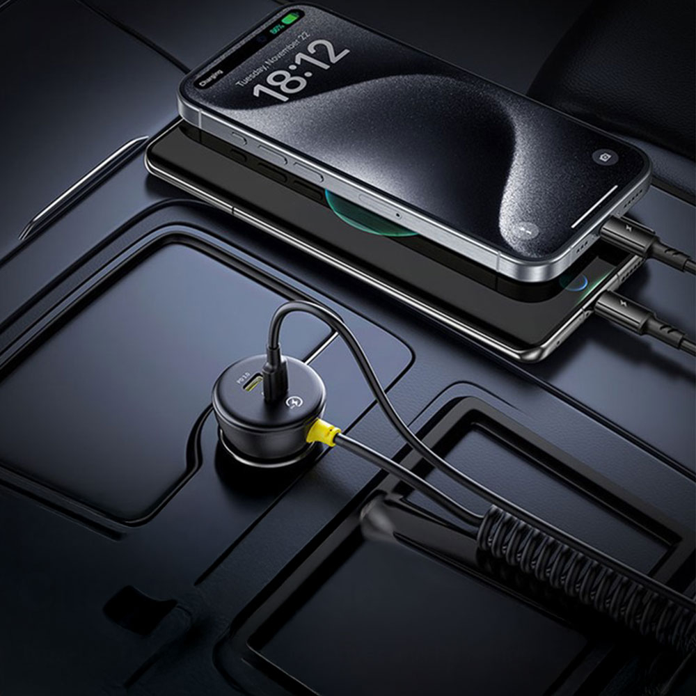 (60W) Dual USB C Spiral Auto KFZ Ladegerät mit USB C und Lightning Ladekabel PD - Schwarz