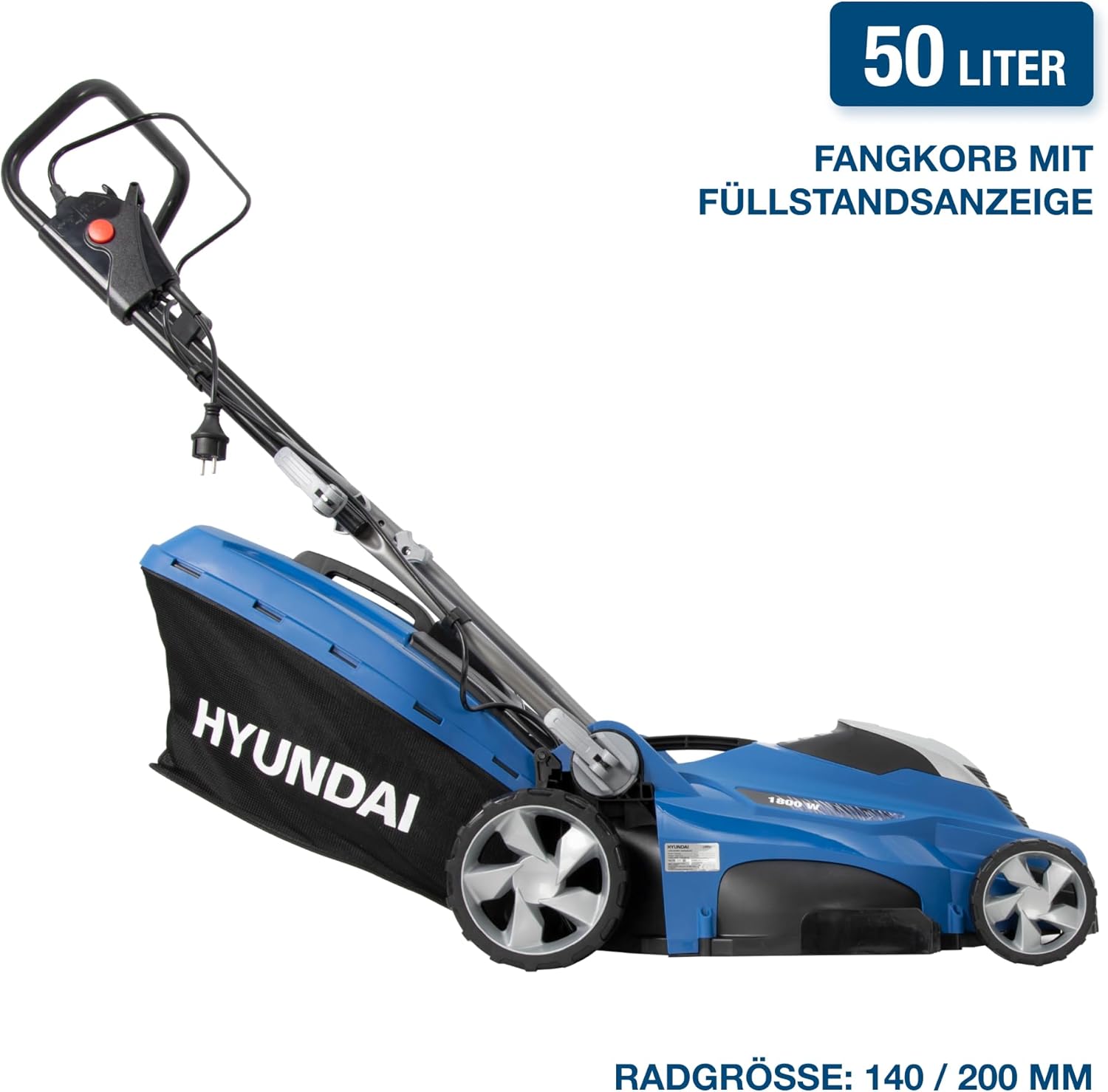 HYUNDAI Elektro-Rasenmäher LM4001E mit Mulchfunktion, Elektromäher, Mulcher, Mäher (40cm, 1800W, 50L Korb, 5-fache zentrale Höhenverstellung)
