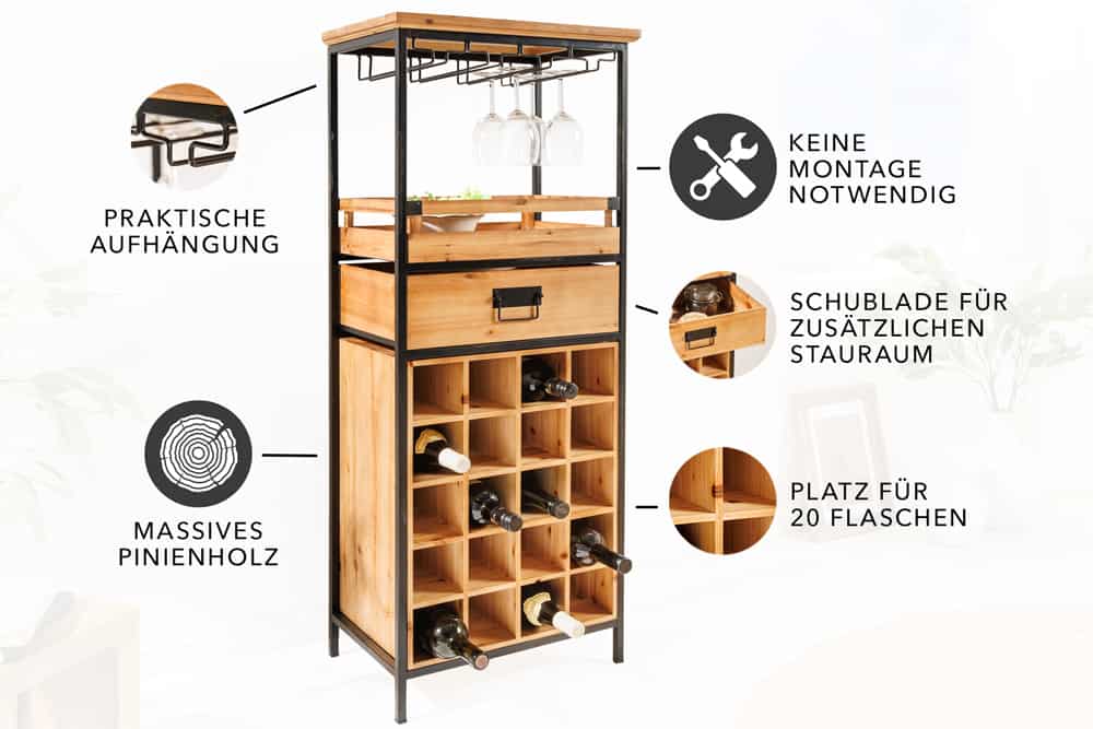 Massivholz Weinregal SEVENS SEAS 120cm natur Pinienholz schwarz Metall Flaschenregal