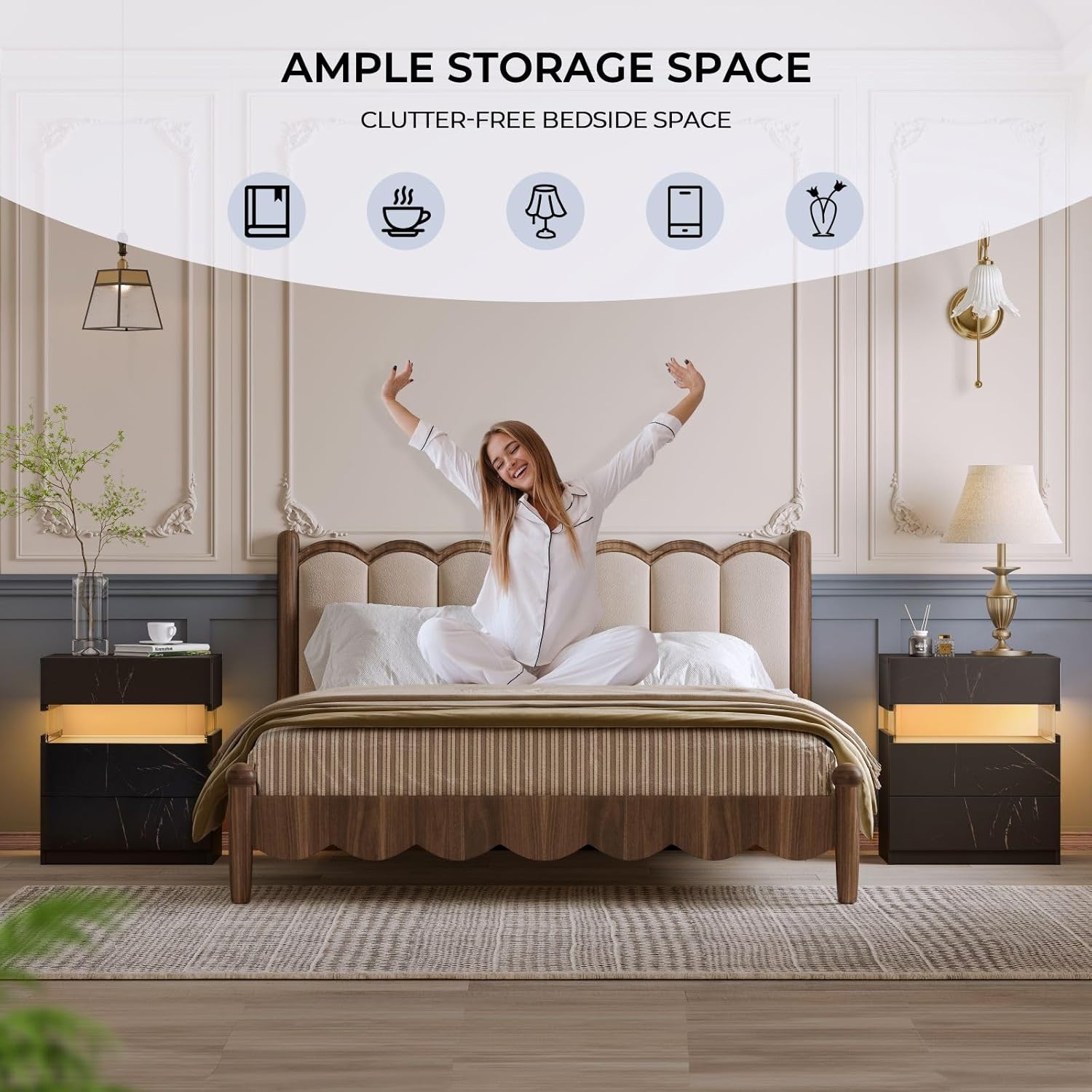 2 Stück Nachttisch mit LED Nachtschrank Modernes mit 3 Schublade Nachttische Beistelltisch für Schlafzimmer, Wohnzimmer, Büro,Schwarz+Gold