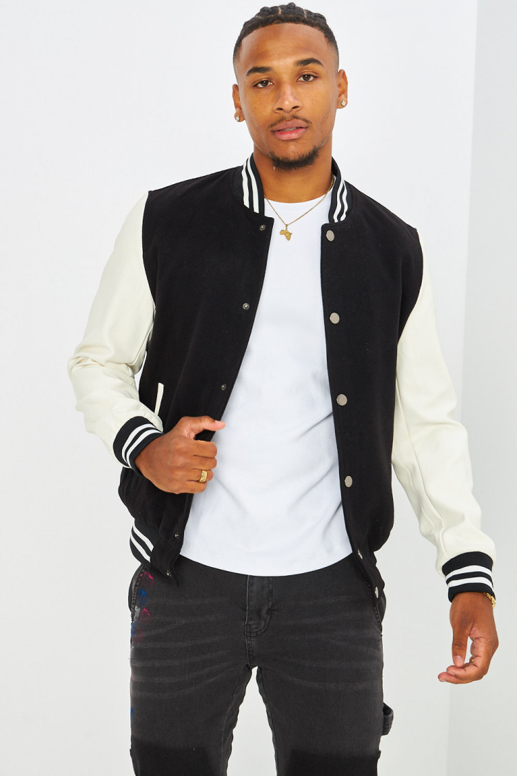 Bomber noir en simili cuir et laine