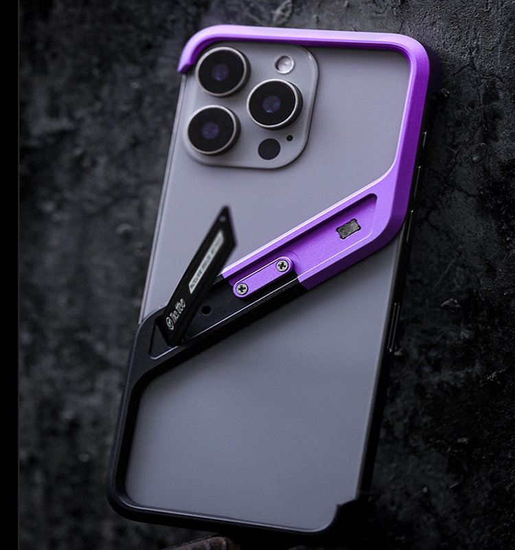 iPhone 16 Alu Slim Case Hülle mit Rahmenlosen Bumper   Kickstand Aufsteller - Grau