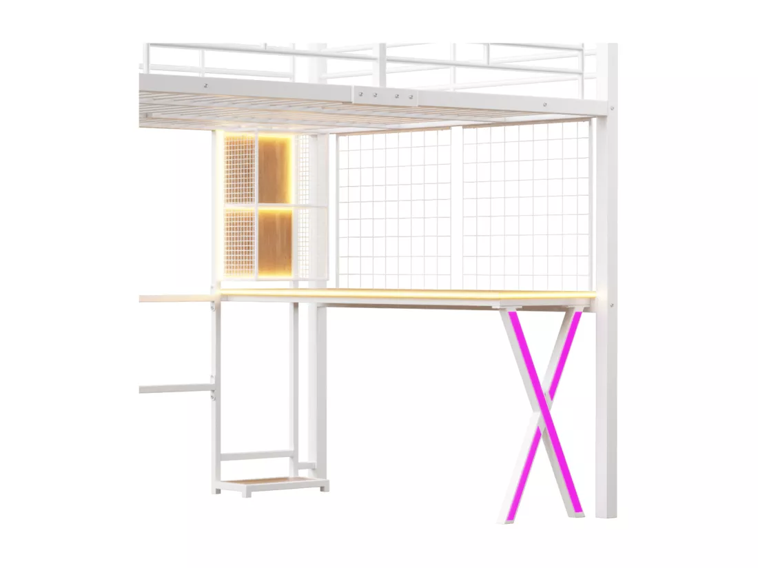Lit mezzanine 140x200cm avec LED - bureau + penderie + échelle de rangement - Blanc
