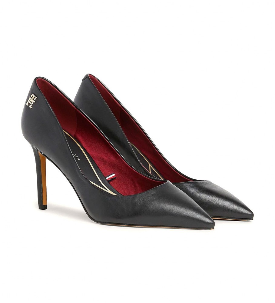 Sapatos de salto alto Tommy Hilfiger Essential em couro com bico fino, pretos - Altura do salto: 9,5 cm -