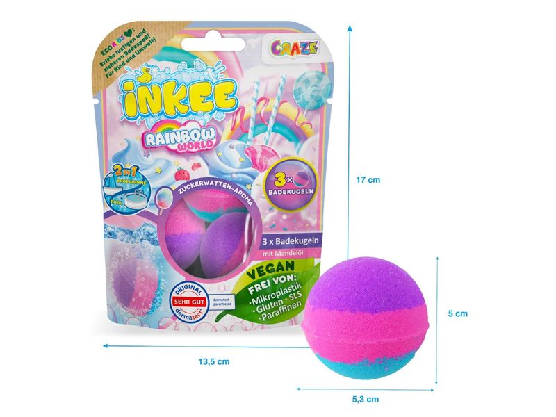 Craze Badekugel Inkee Rainbow World 3 Stück Überraschungs-Badebomben für farbenfrohe Schaumbäder