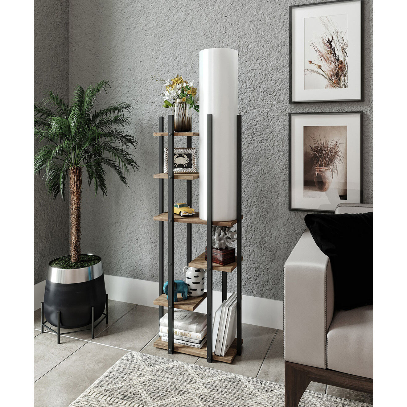 Sheen Lampadaire avec étagère Vogue noir/blanc/naturel - 45x25x160 cm