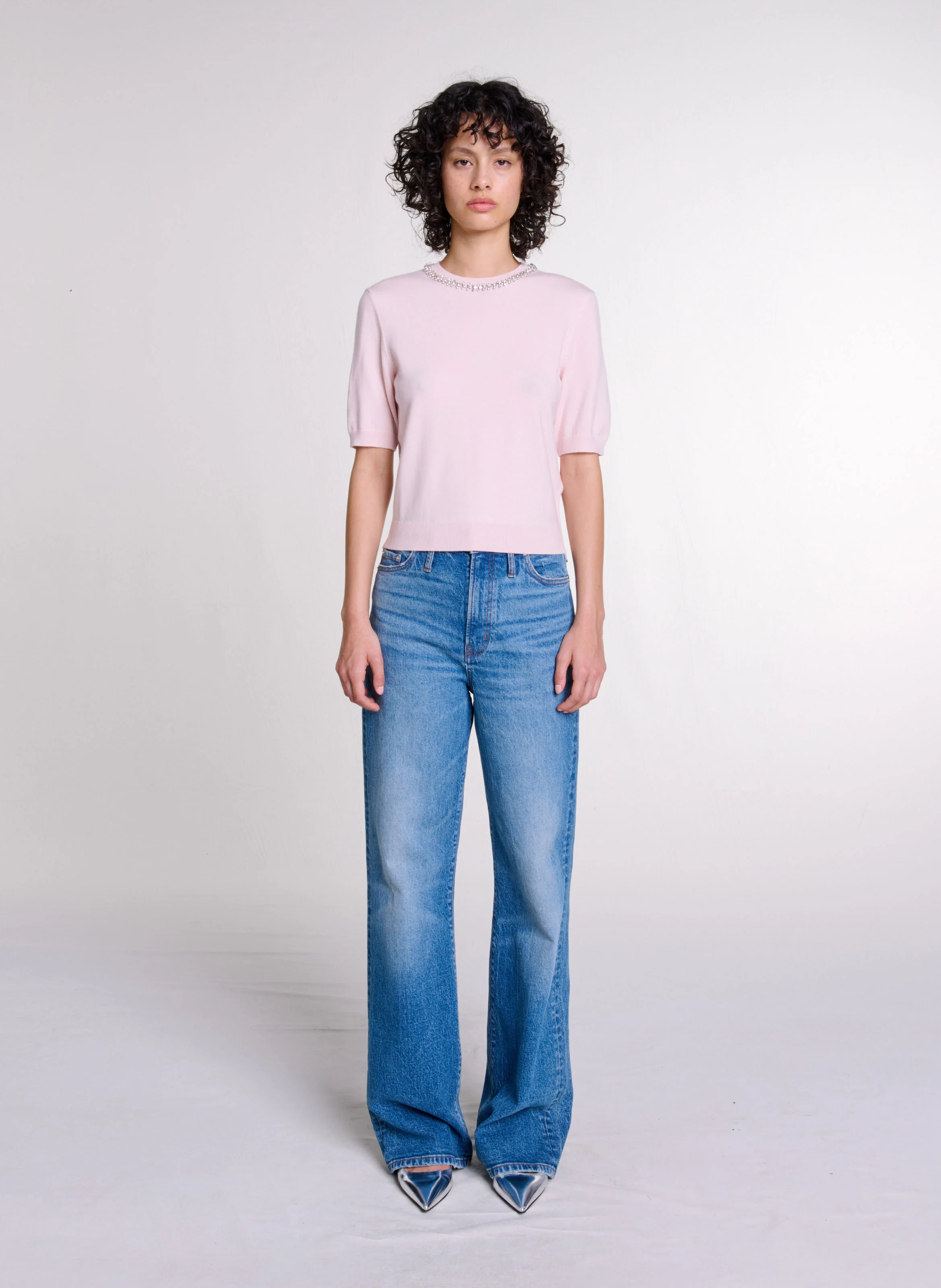 Top droit col rond à strass en laine mélangée | Rose