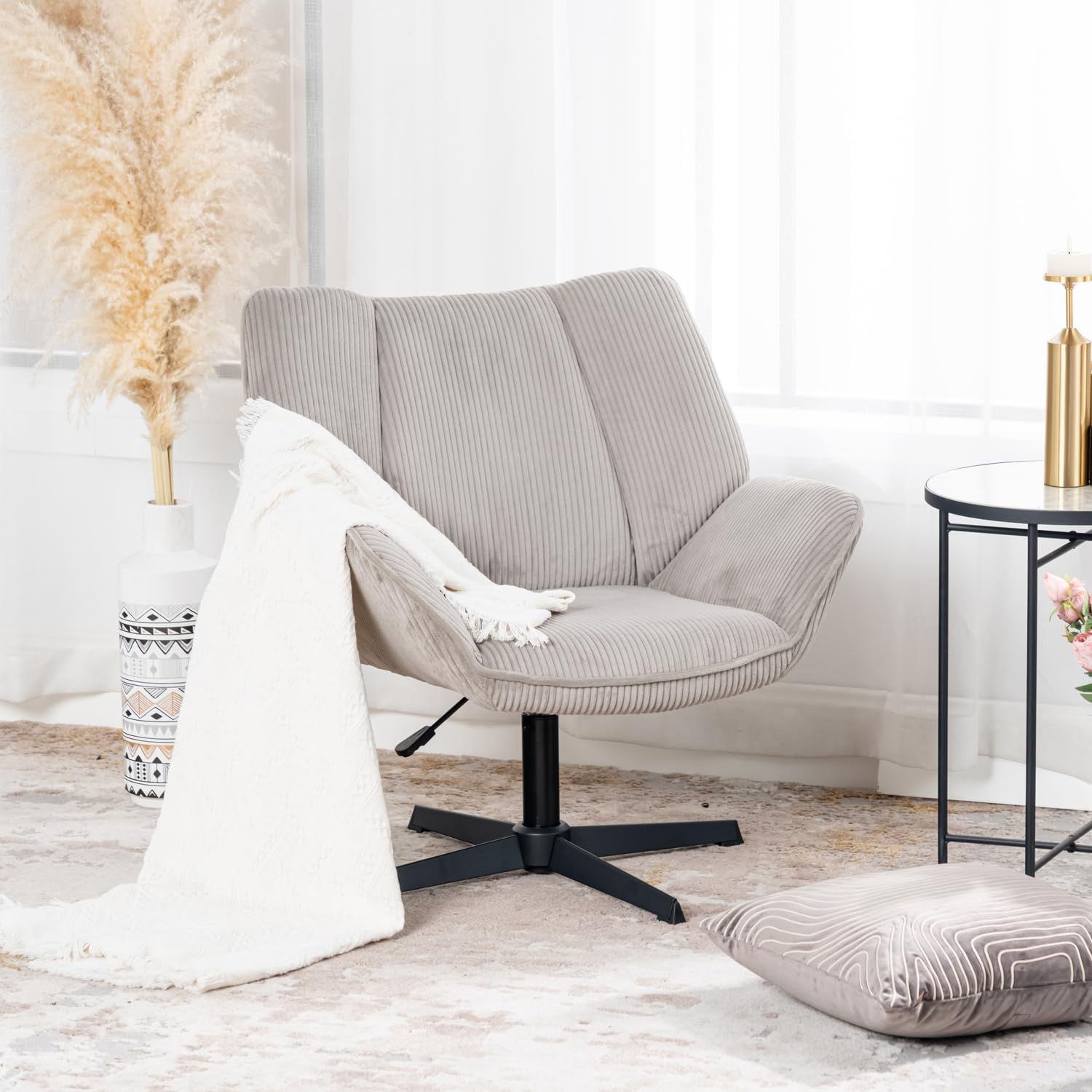 MEUBLE Cosy Sessel Lehnstühle Lounge Einzelsofa mit Armlehnen höhenverstellbar Relaxsessel 360° Drehbar Polsterstuhl für Wohnzimmer Schlafzimmer Vanity, Cordstoff, Taupe