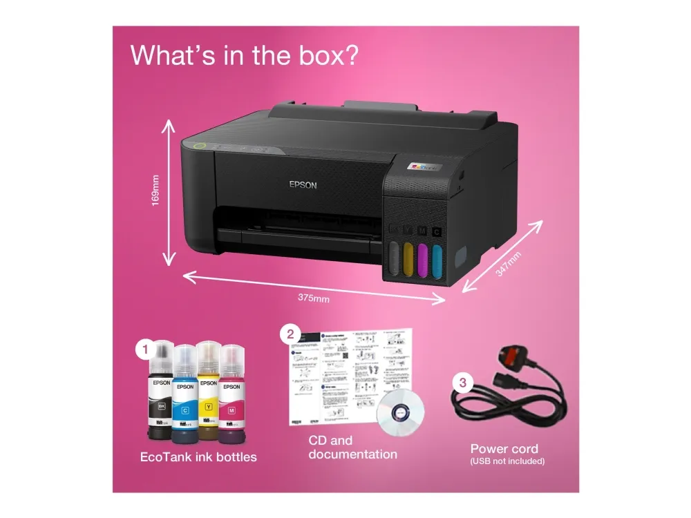 Epson EcoTank ET-1810 - Printer - farve - blækprinter - kan genopfyldes - A4 - 5760 x 1440 dpi - op til 10 spm (mono) / op til 5 spm (farve) - kapacitet: 100 ark - USB, Wi-Fi - sort