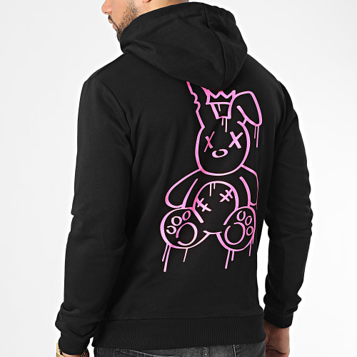 Sweat Capuche Lapin King Noir Rose Fluo