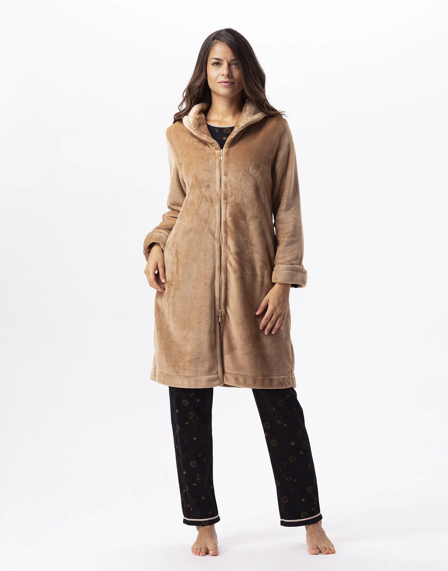 ESSENTIEL H56B - Robe de chambre zipée en peluche flanelle | Marron