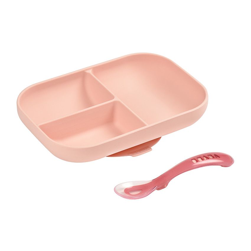 Set repas compartimenté en silicone avec ventouse - Rose - Ecru