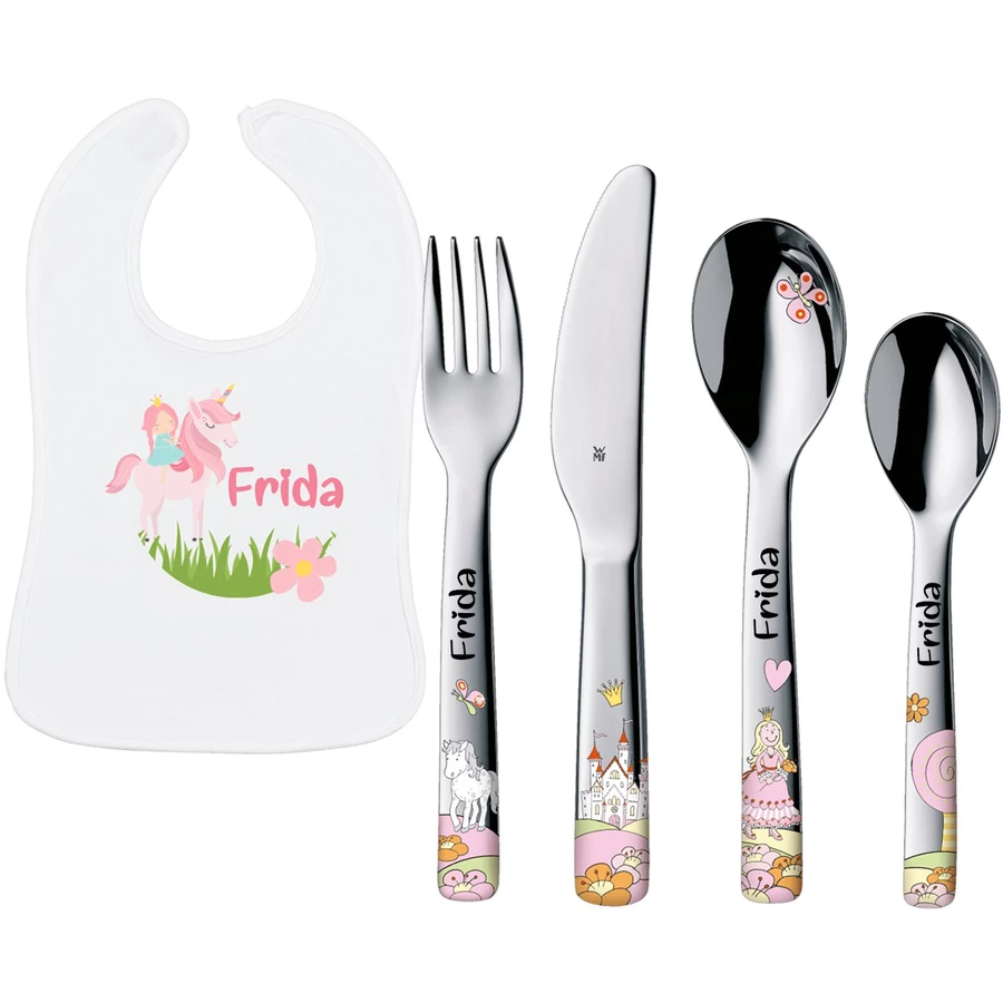 Schnullireich Geschenkset mit Namen WMF Kinderbesteck Anneli + Baby Lätzchen Einhorn Silber