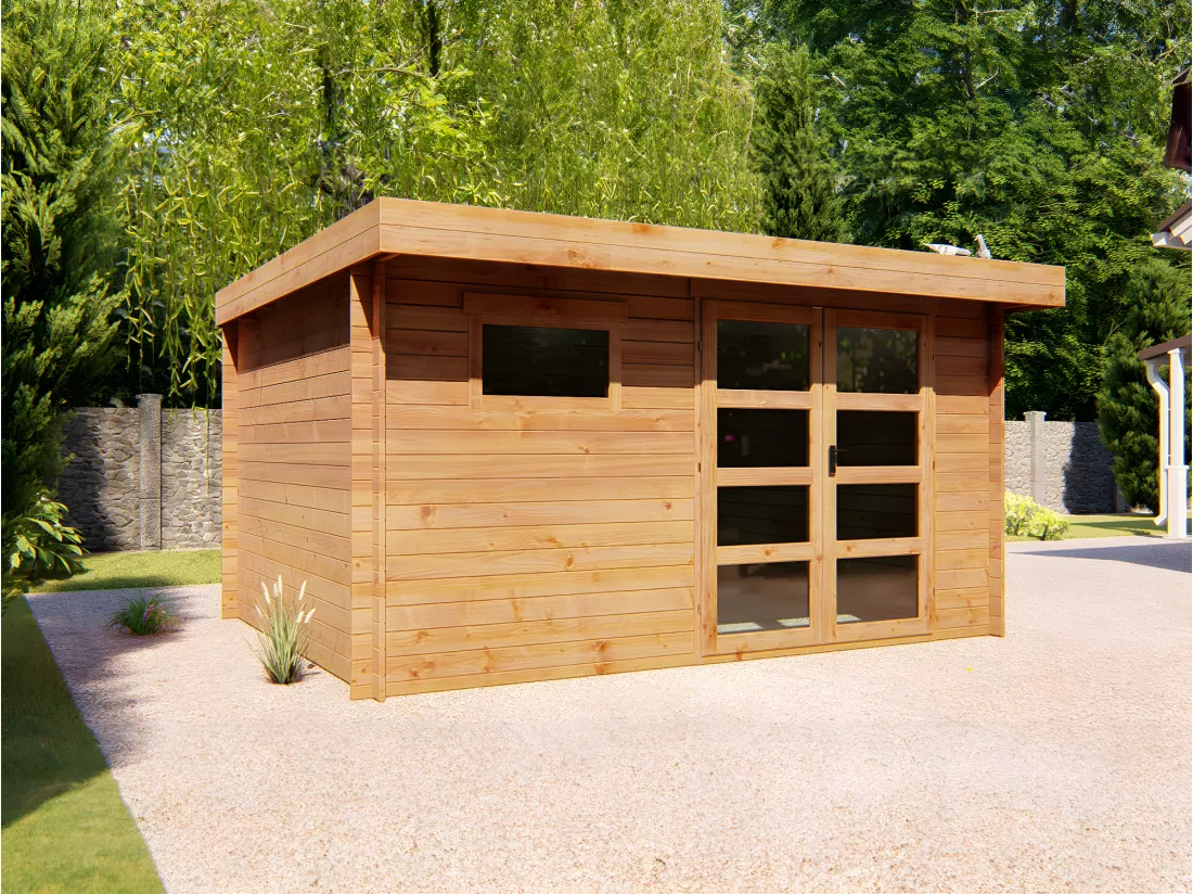 Abri de jardin en bois traité par autoclave avec toit plat - 13 m² - épaisseur 28 mm - CORALIO