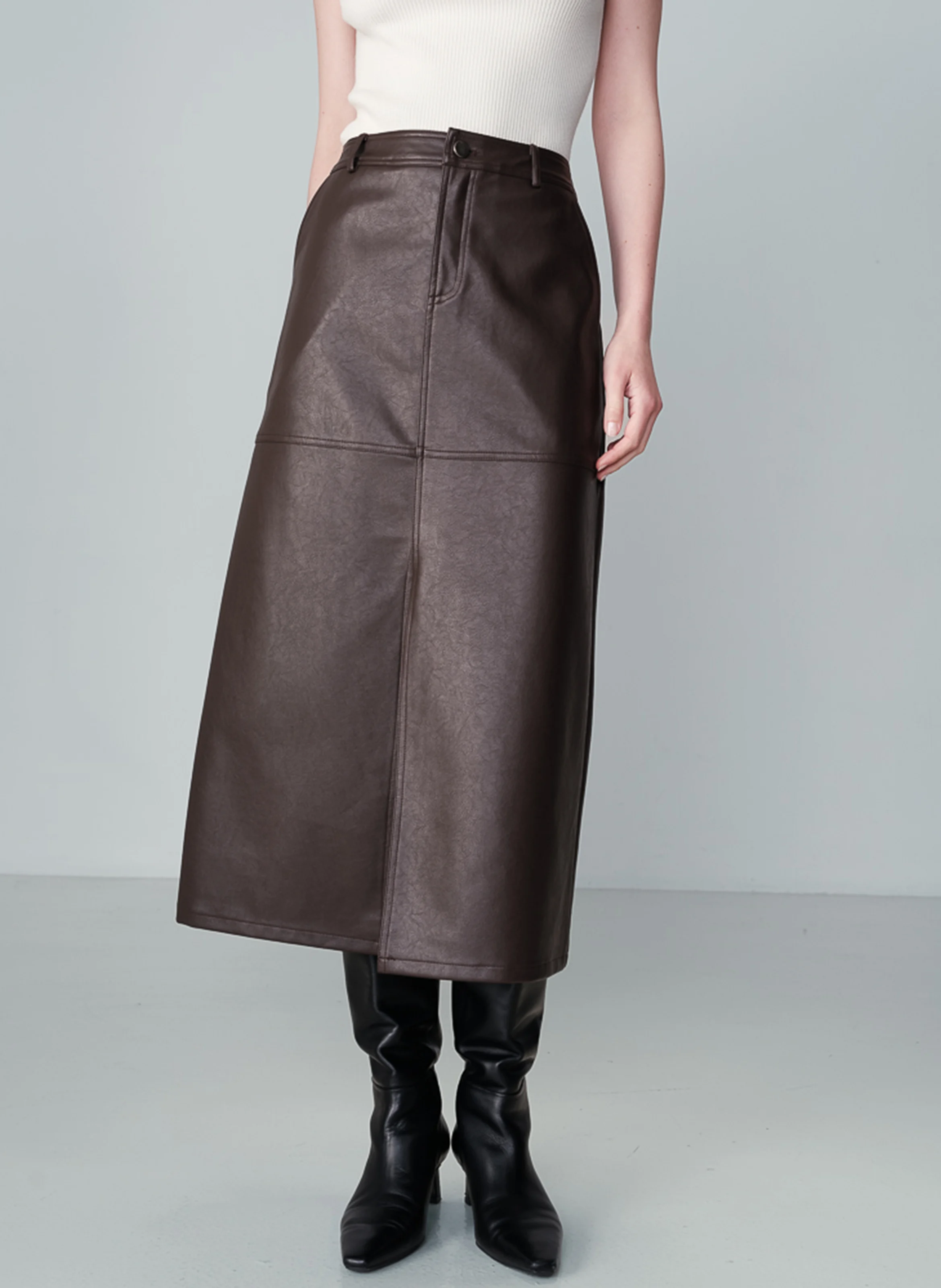 NORY - Jupe midi droite effet cuir | Marron