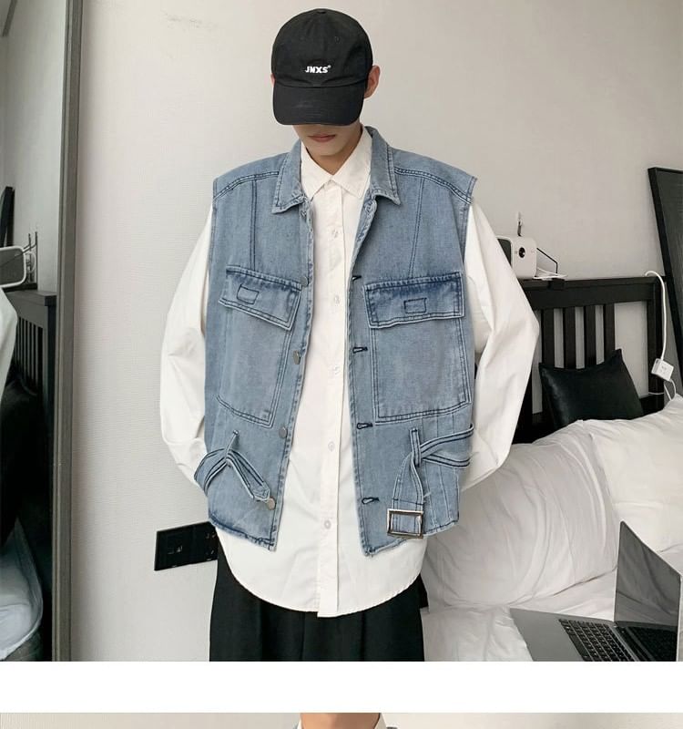 WidoWilder - Gewassen denim vest met kraag en gespen