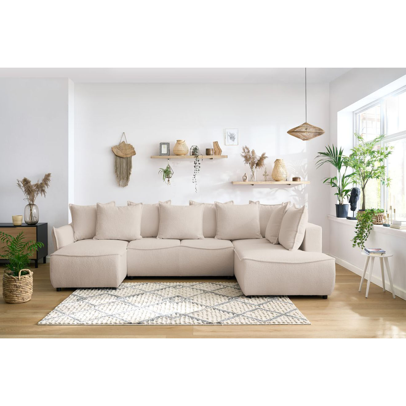 Bobochic Canapé panoramique convertible coffre d'angle gauche bouclette léon beige - 320x194x90 cm