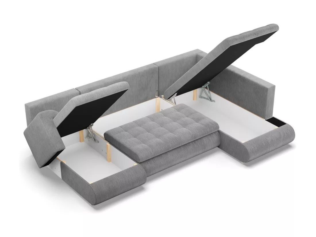 Canapé d'angle en U avec fonction sommeil, Ottoman, Cord - Gris