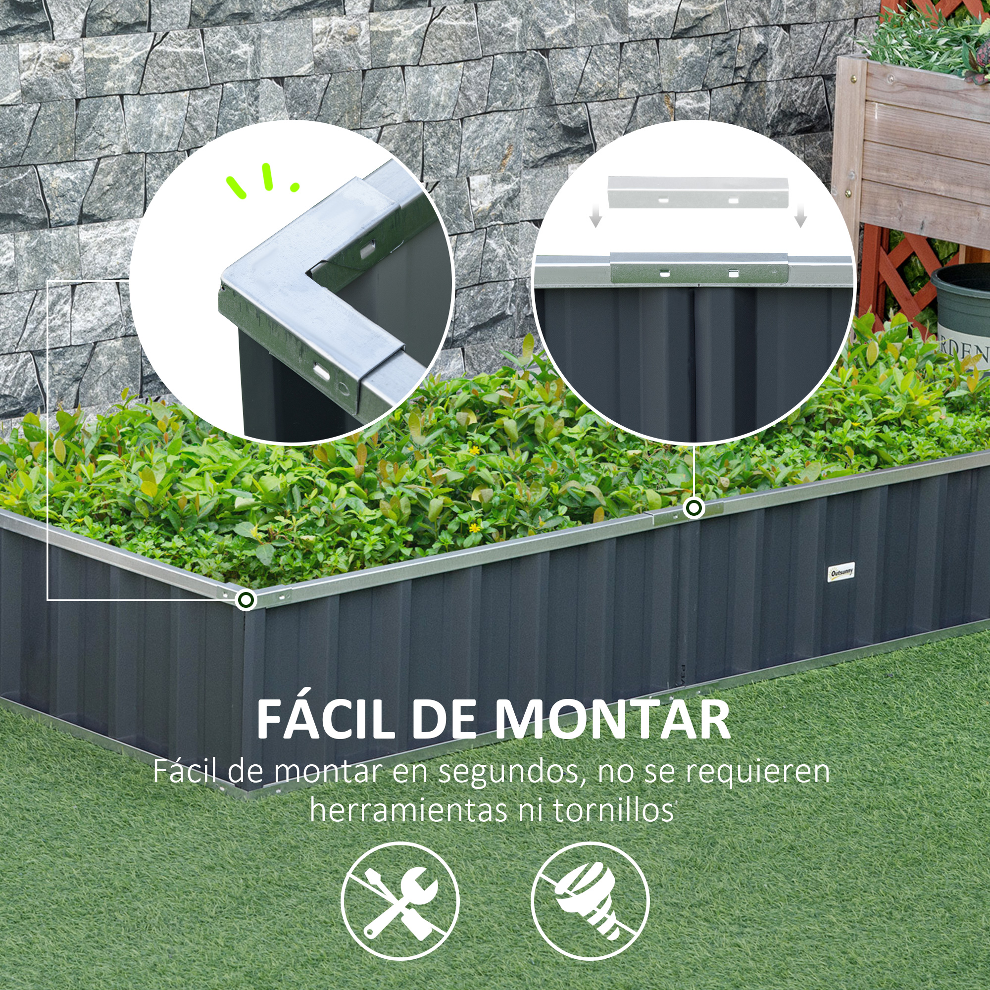 Jardineira retangular Outsunny Urban Garden, 174x90x30 cm, em aço, com luvas inclusas, ideal para o cultivo de plantas e flores em terraços, varandas e áreas externas, na cor cinza.