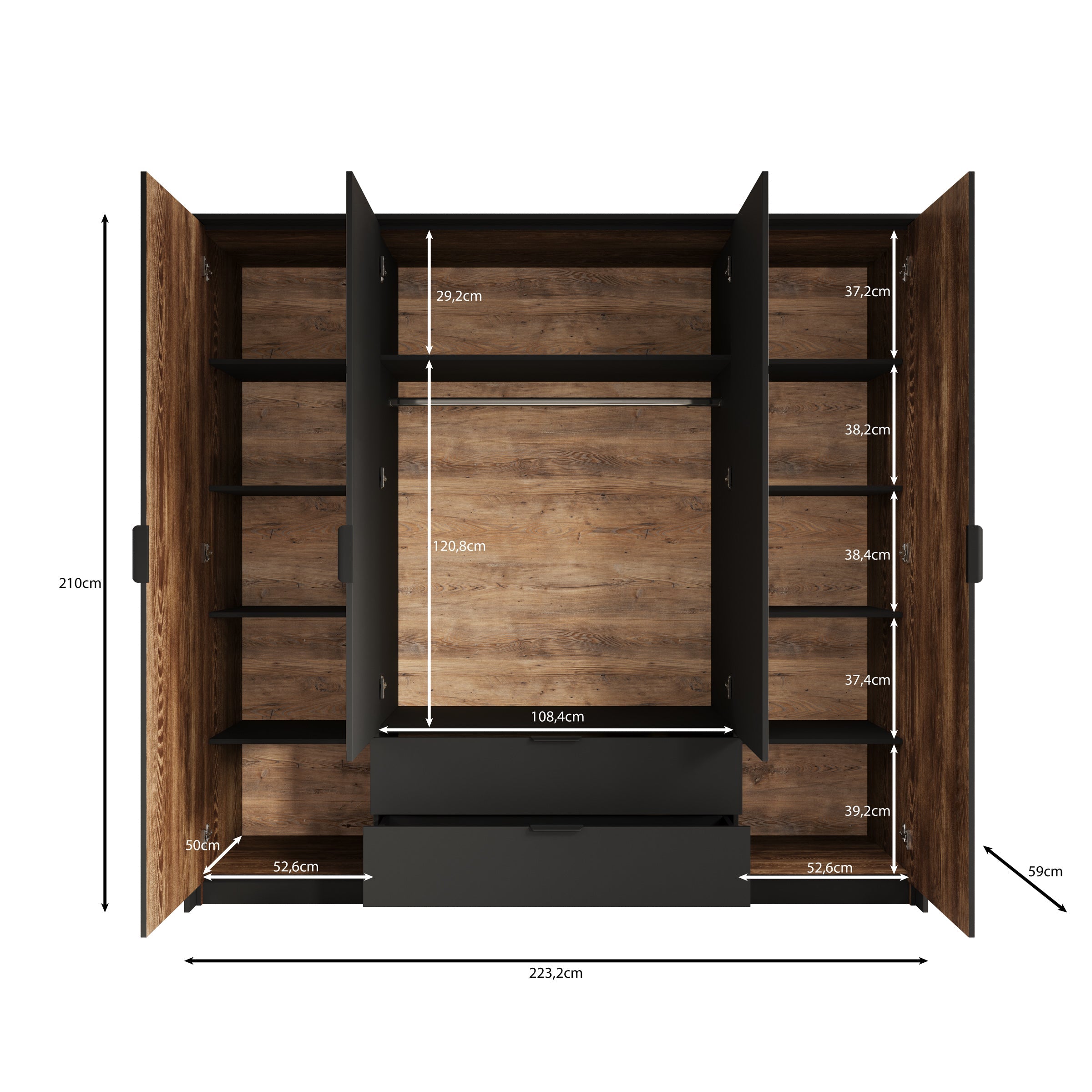 Meubella - Kledingkast Mulvey - Eiken - Antraciet - 220 cm- Spiegel